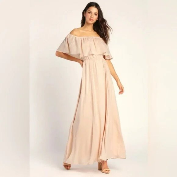 Lulus NWT Cream Romantic Thinking Light Peach Satin Off-the-Shoulder Maxi Dress - Picture 2 of 10